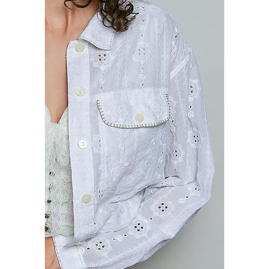 POL Eyelet Textured Cotton Cropped Button Front Jacket Apparel and Accessories