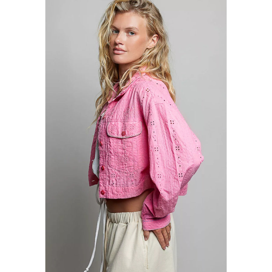 POL Eyelet Textured Cotton Cropped Button-Front Jacket Apparel and Accessories