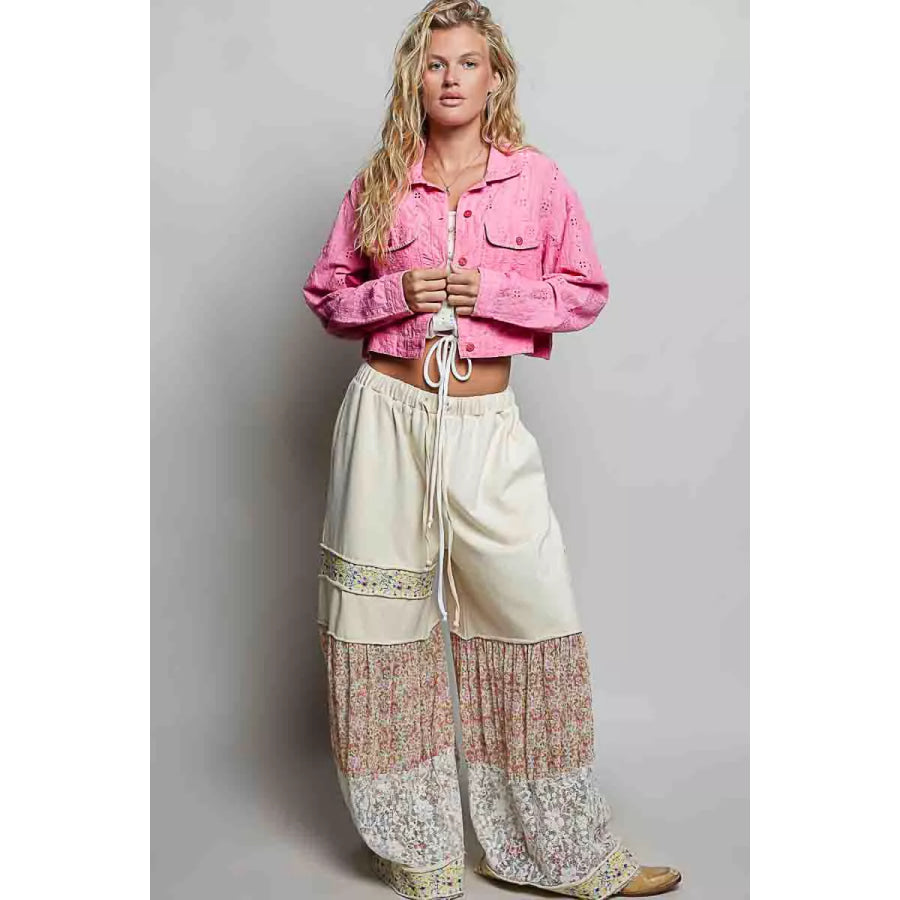 POL Eyelet Textured Cotton Cropped Button-Front Jacket Apparel and Accessories