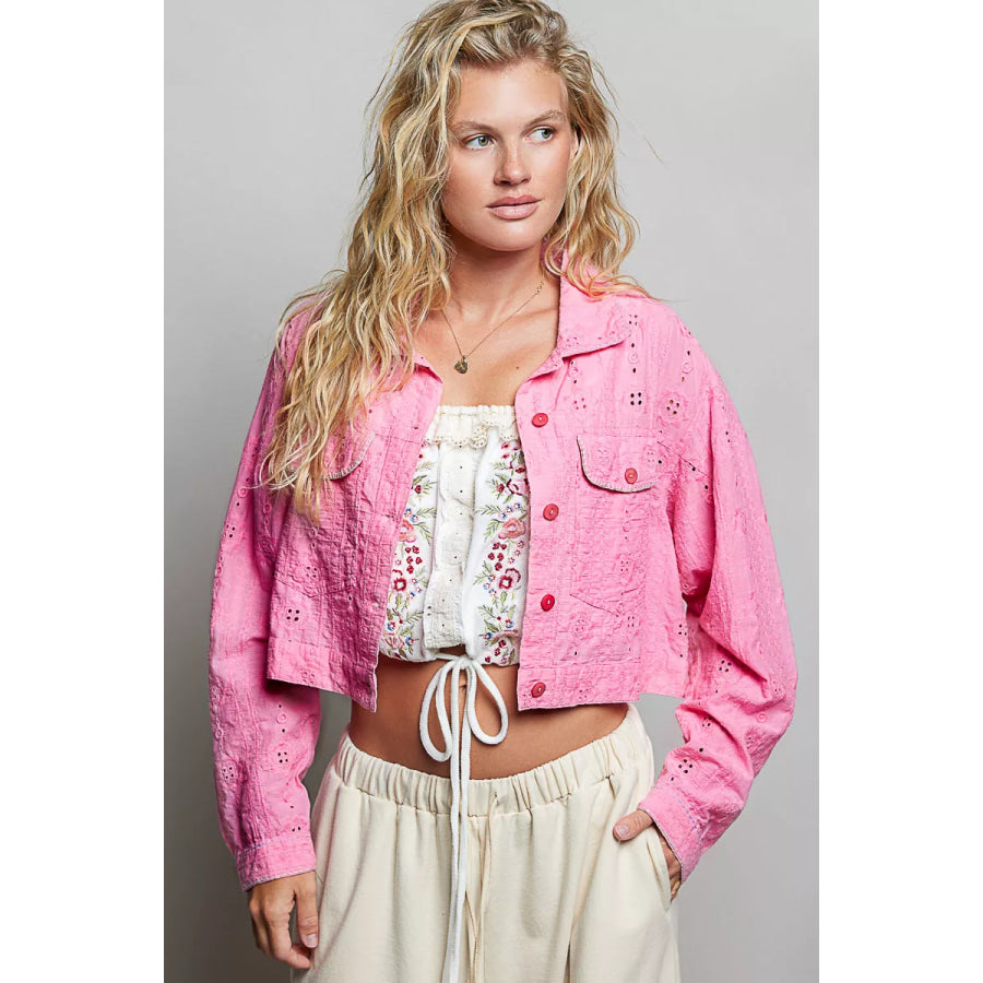 POL Eyelet Textured Cotton Cropped Button-Front Jacket CANDY PINK / S Apparel and Accessories