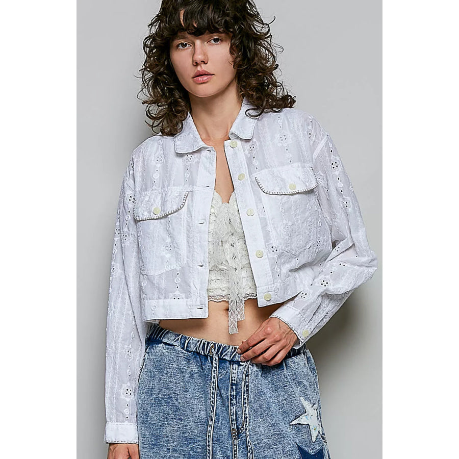 POL Eyelet Textured Cotton Cropped Button Front Jacket OFF WHITE / S Apparel and Accessories