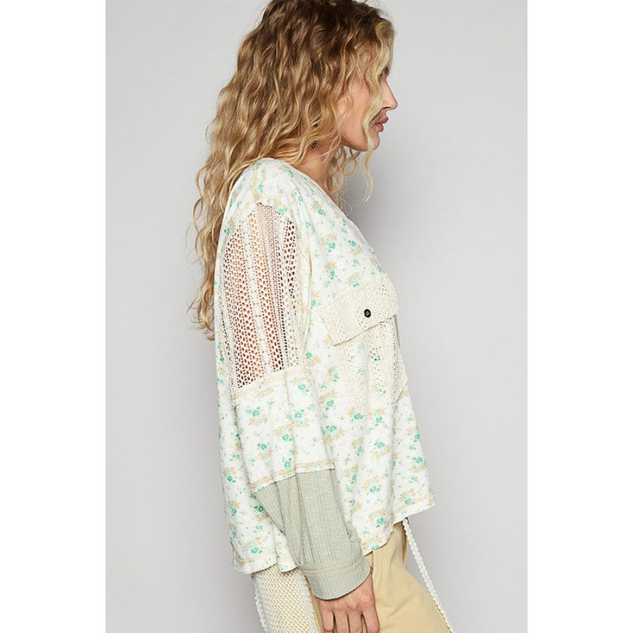 POL Floral Crochet Patch V-Neck Top Sage / S Apparel and Accessories