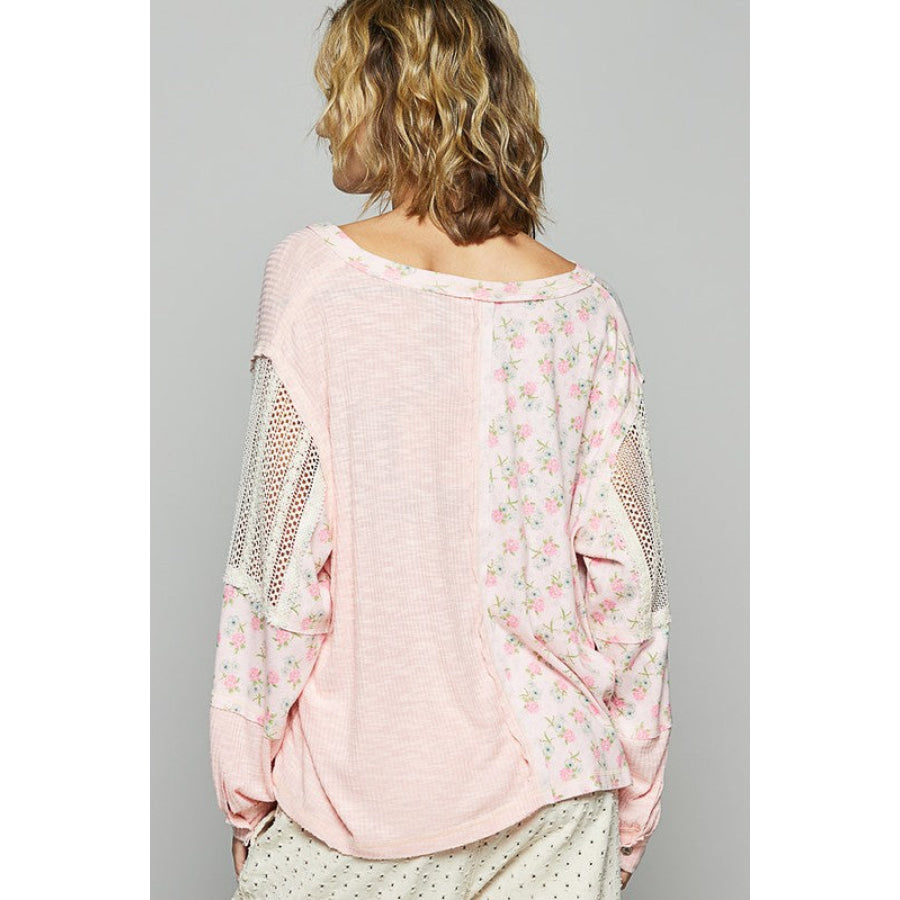 POL Floral Crochet Patch V-Neck Top Powder Peach / S Apparel and Accessories