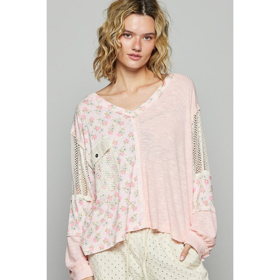 POL Floral Crochet Patch V-Neck Top Powder Peach / S Apparel and Accessories