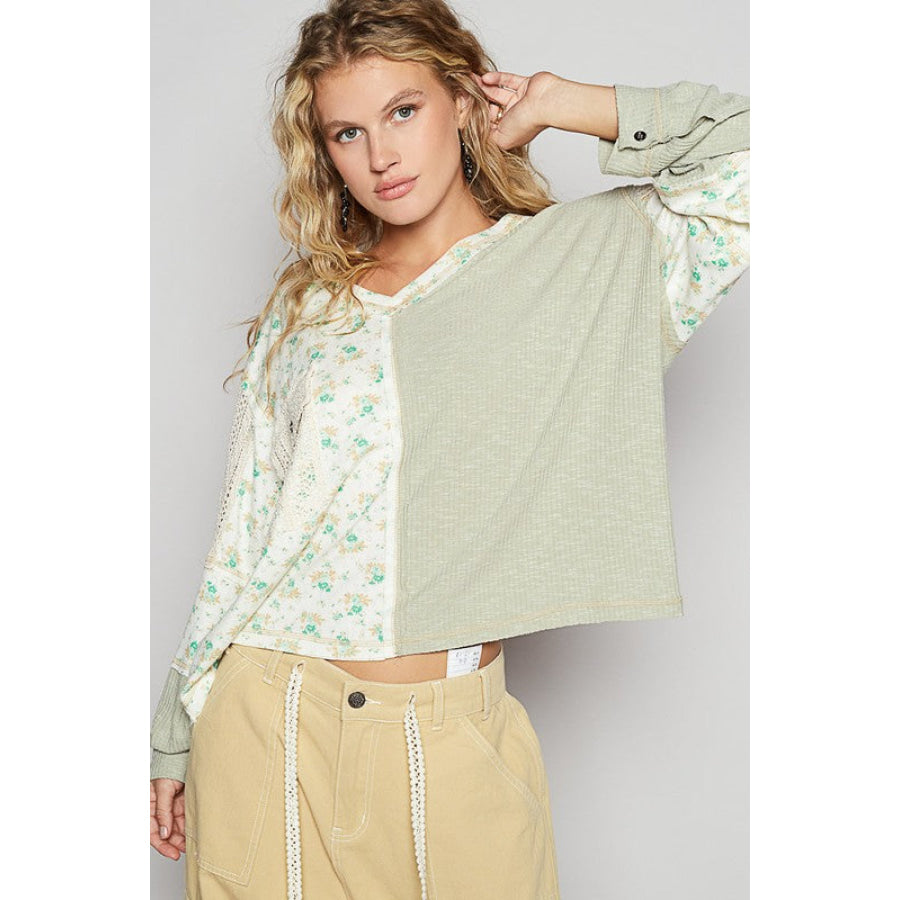 POL Floral Crochet Patch V-Neck Top Sage / S Apparel and Accessories