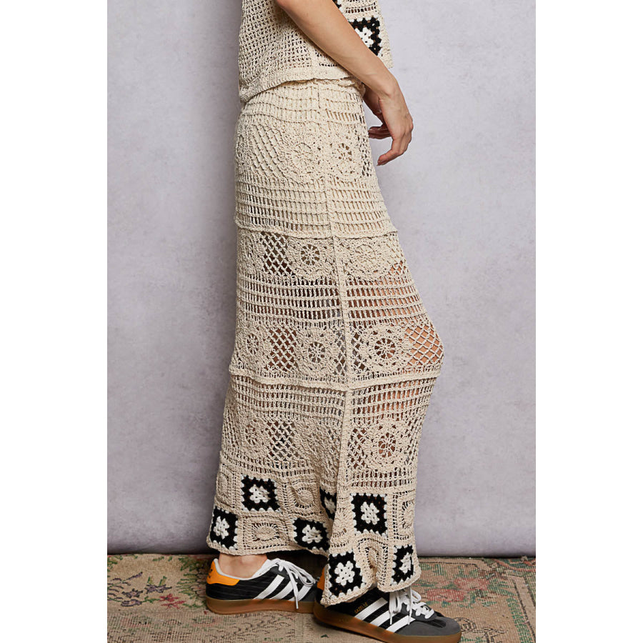 POL Floral Crochet Ruffled Waistband Maxi Skirt with Granny Square Weave NATURAL/BLACK / One Size Apparel and Accessories