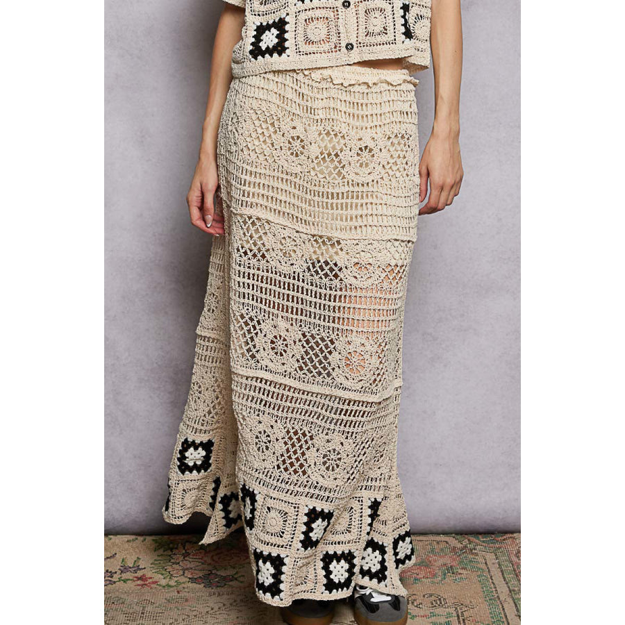 POL Floral Crochet Ruffled Waistband Maxi Skirt with Granny Square Weave NATURAL/BLACK / One Size Apparel and Accessories