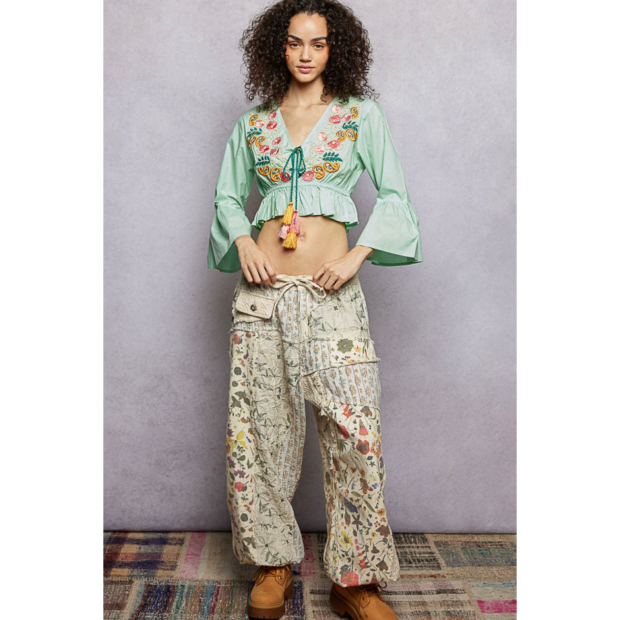 POL Floral Embroidered Cropped Blouse Apparel and Accessories