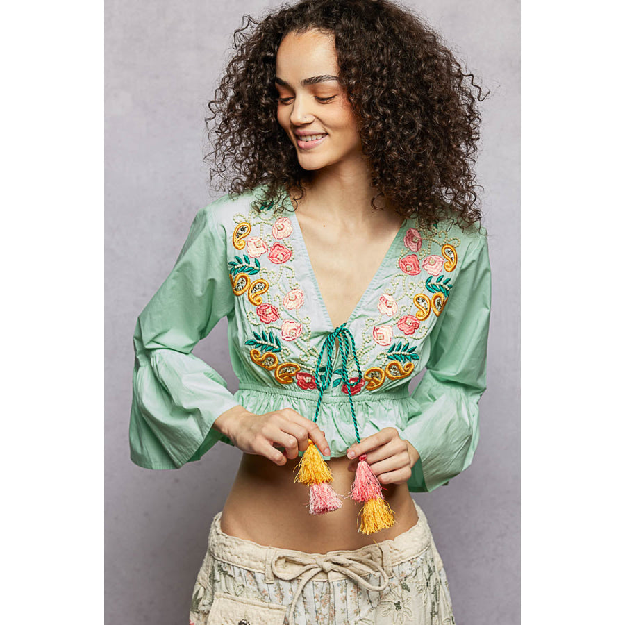POL Floral Embroidered Cropped Blouse Apparel and Accessories