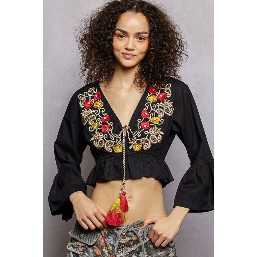 POL Floral Embroidered Cropped Blouse BLACK / S Apparel and Accessories