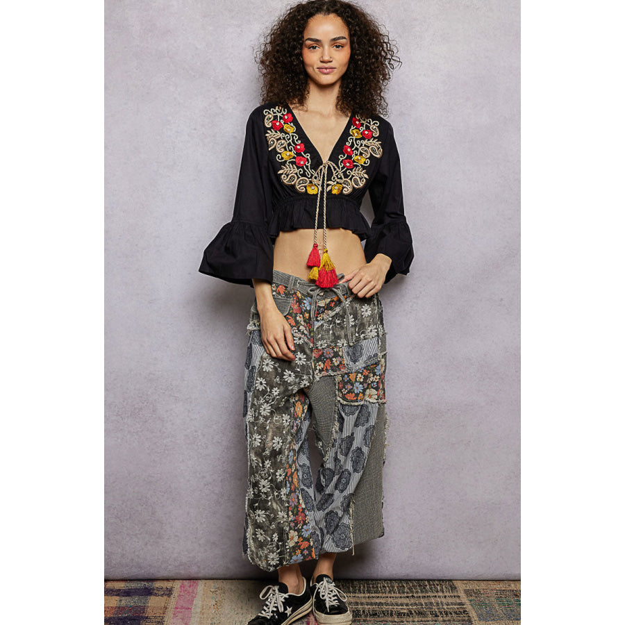 POL Floral Embroidered Cropped Blouse Apparel and Accessories