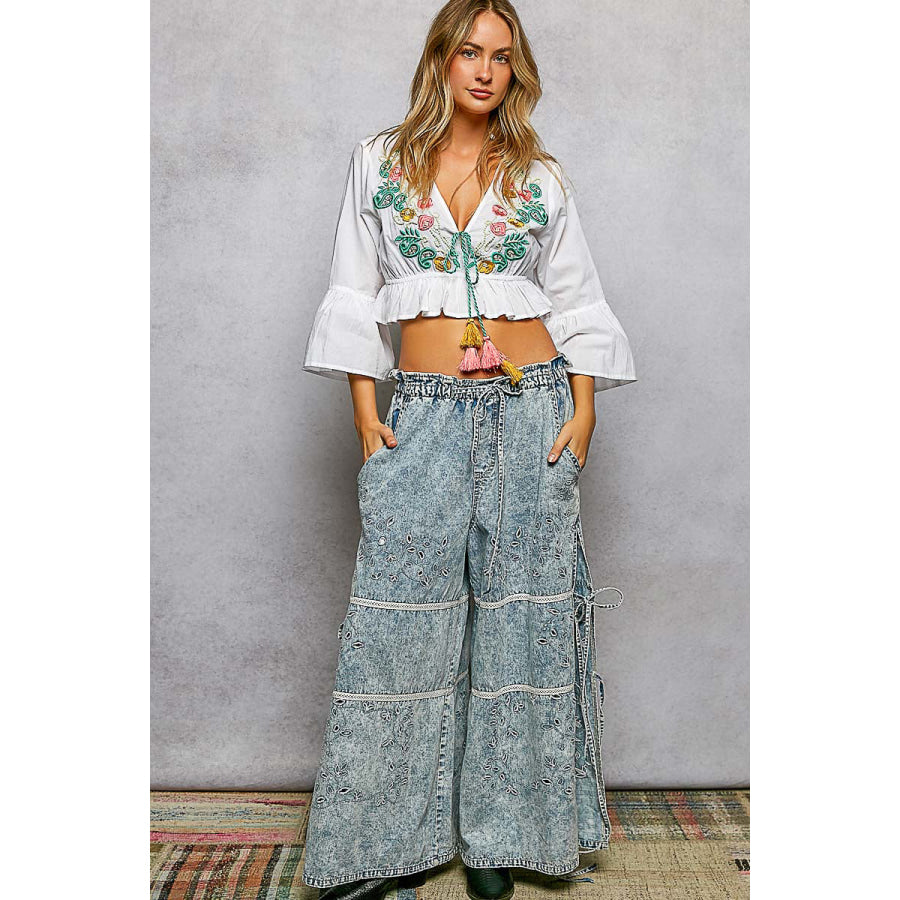 POL Floral Embroidered Cropped Blouse Apparel and Accessories