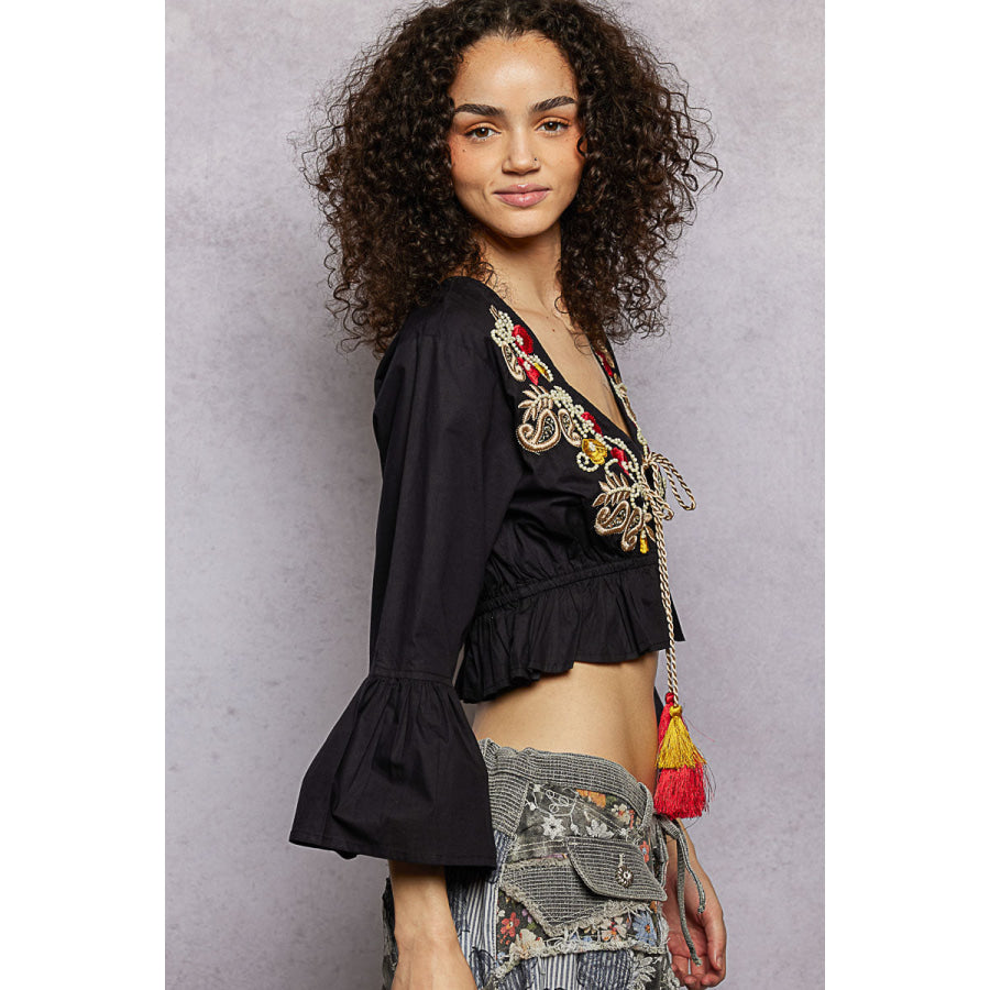 POL Floral Embroidered Cropped Blouse Apparel and Accessories