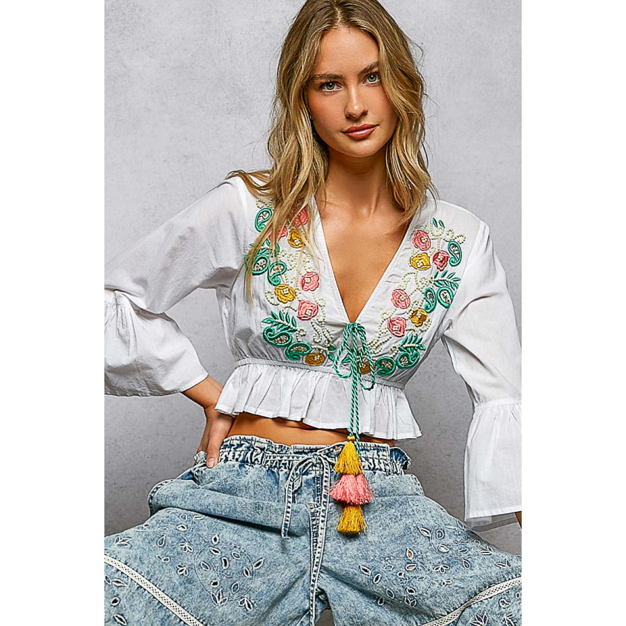 POL Floral Embroidered Cropped Blouse Apparel and Accessories