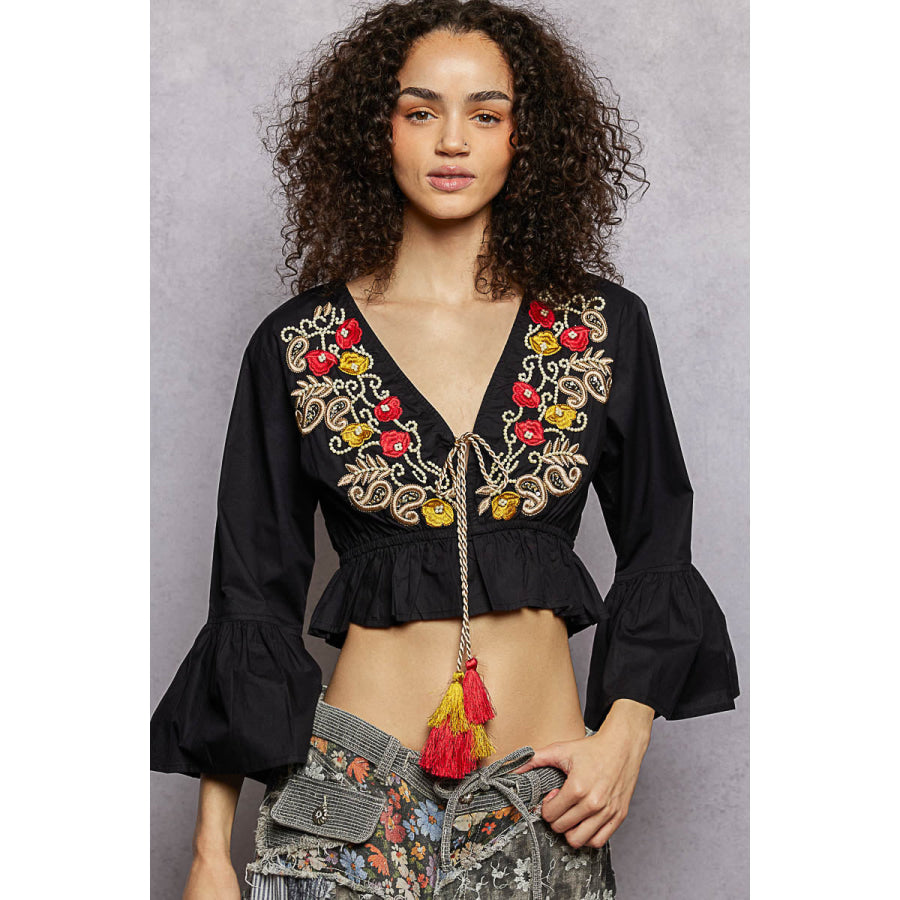 POL Floral Embroidered Cropped Blouse BLACK / S Apparel and Accessories