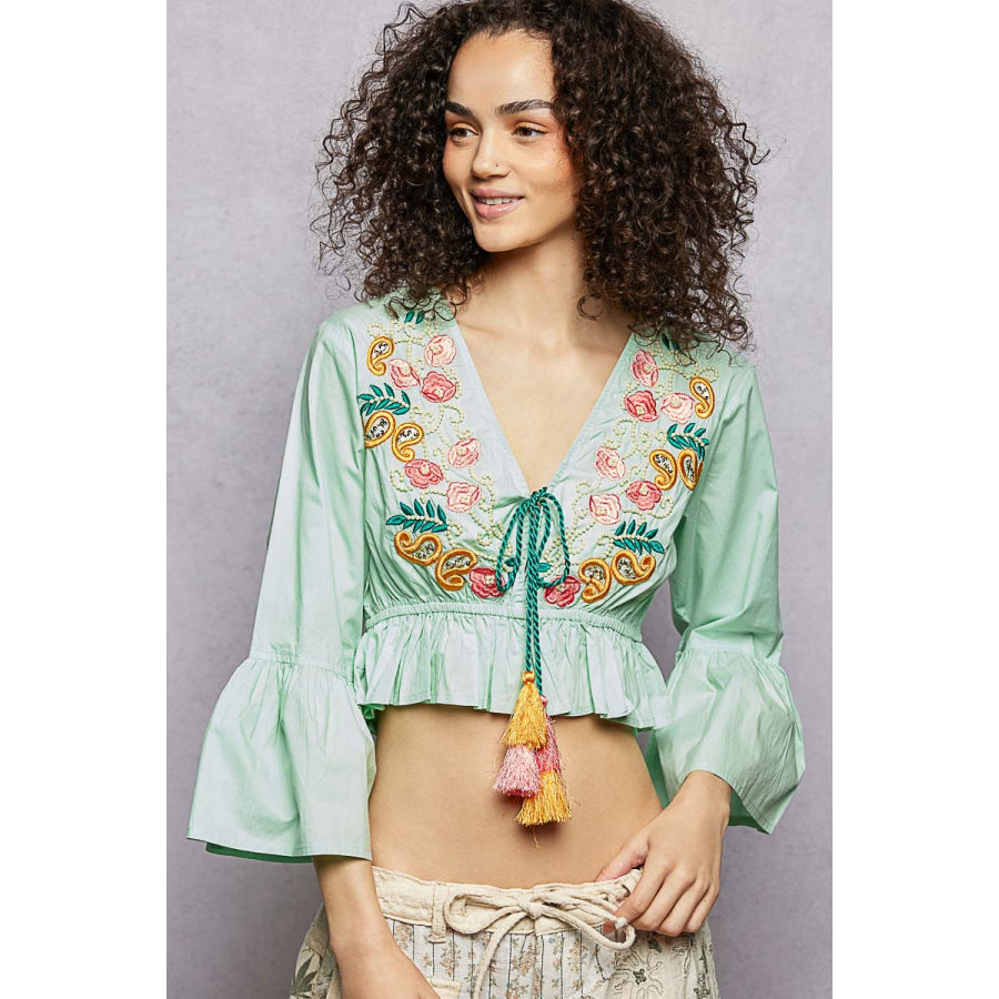 POL Floral Embroidered Cropped Blouse MINT / S Apparel and Accessories