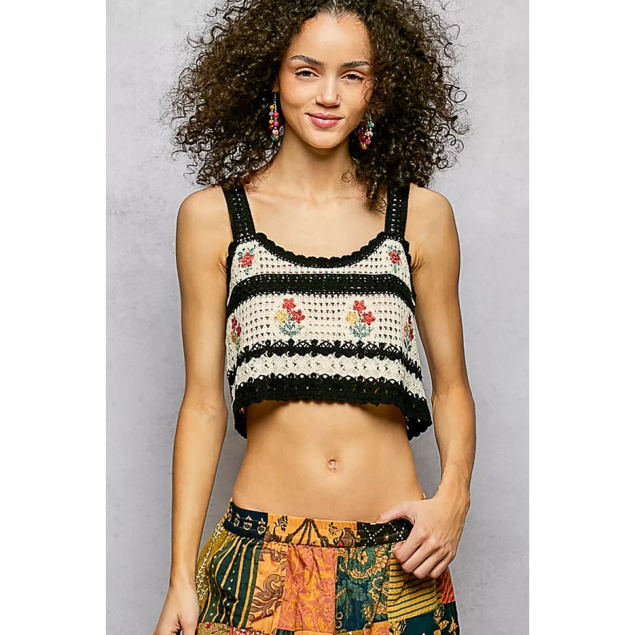 POL Floral Embroidered Cropped Crochet Cami with Scalloped Hem BLACK MULTI / One Size Apparel and Accessories