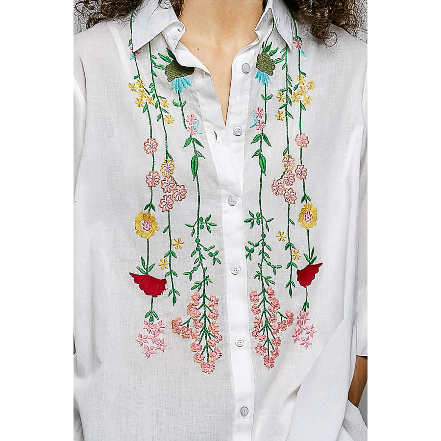 POL Floral Embroidered Half Sleeve Cotton Shirt Apparel and Accessories
