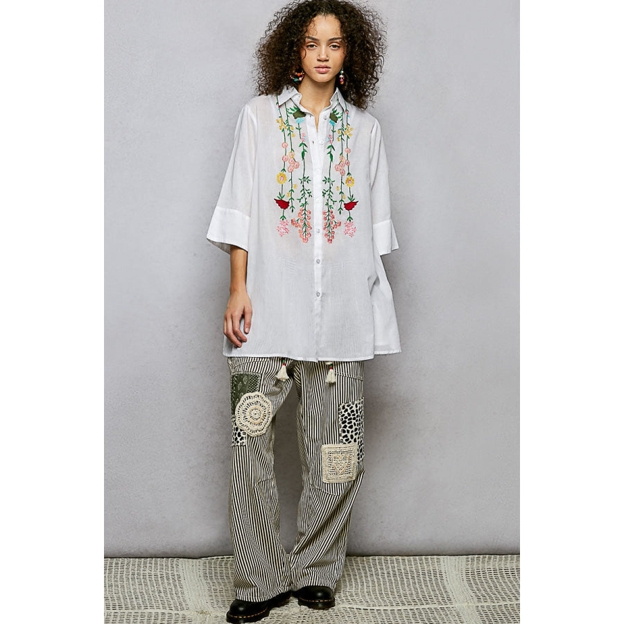 POL Floral Embroidered Half Sleeve Cotton Shirt Apparel and Accessories