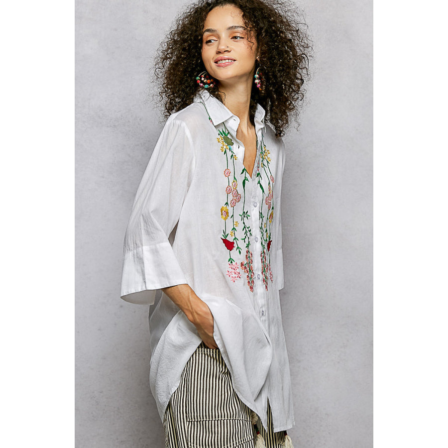 POL Floral Embroidered Half Sleeve Cotton Shirt Apparel and Accessories