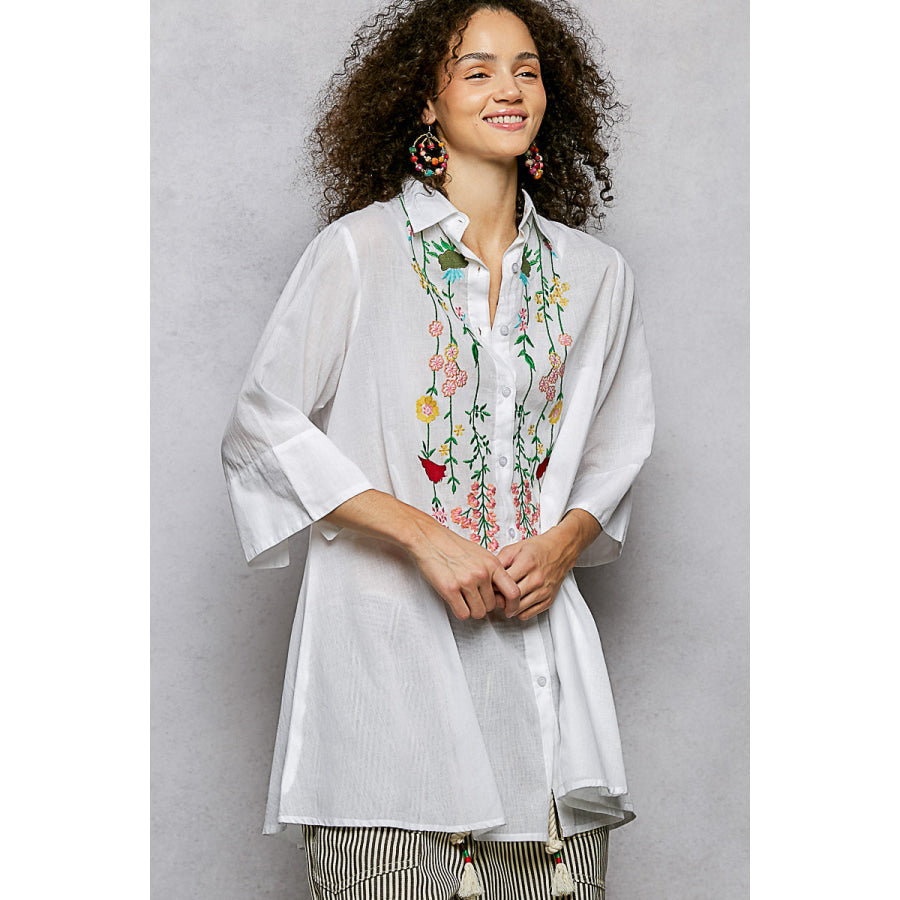 POL Floral Embroidered Half Sleeve Cotton Shirt Apparel and Accessories