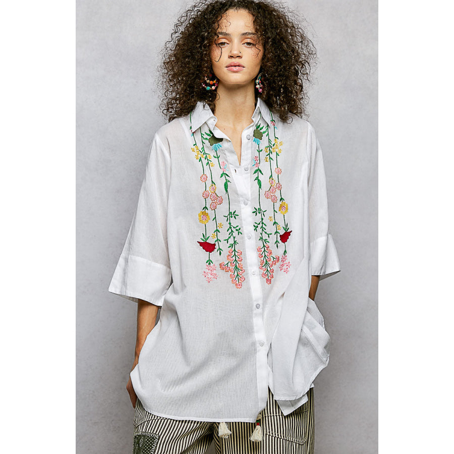 POL Floral Embroidered Half Sleeve Cotton Shirt IVORY / S Apparel and Accessories