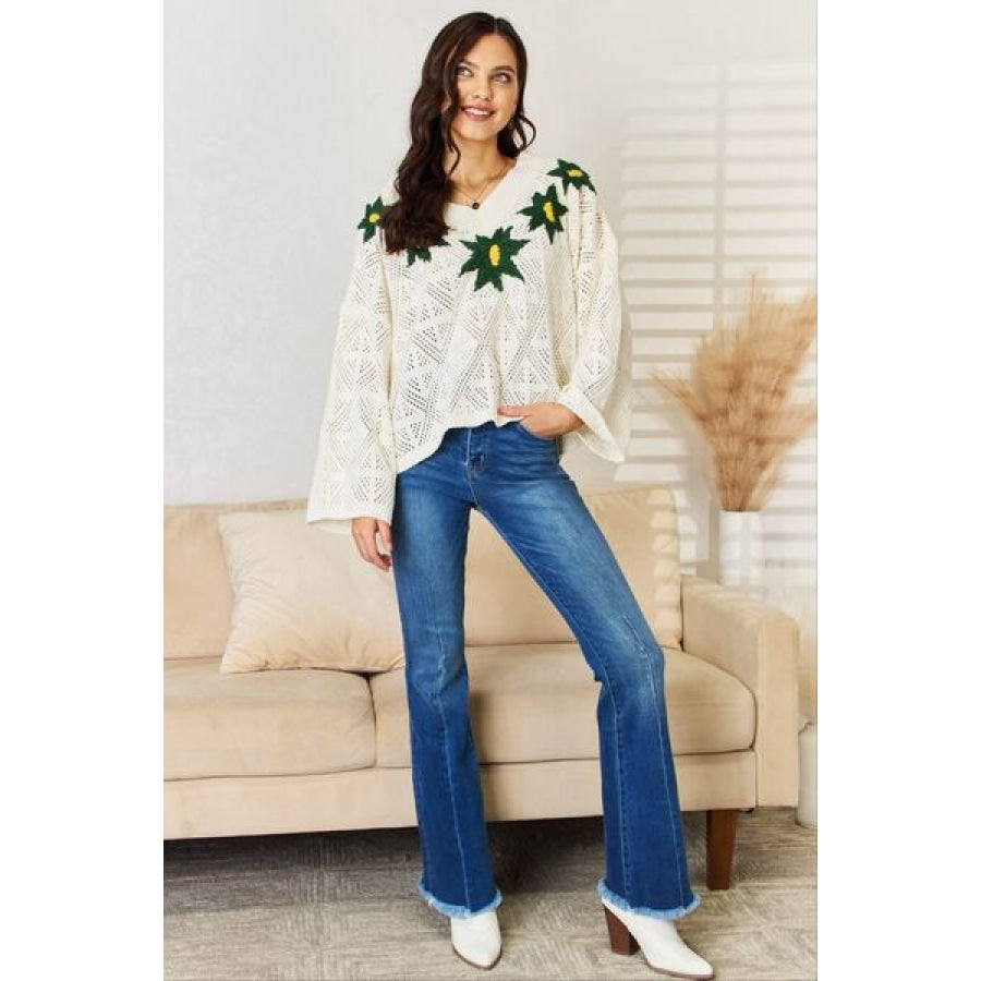 POL Floral Embroidered Pattern V-Neck Sweater Apparel and Accessories