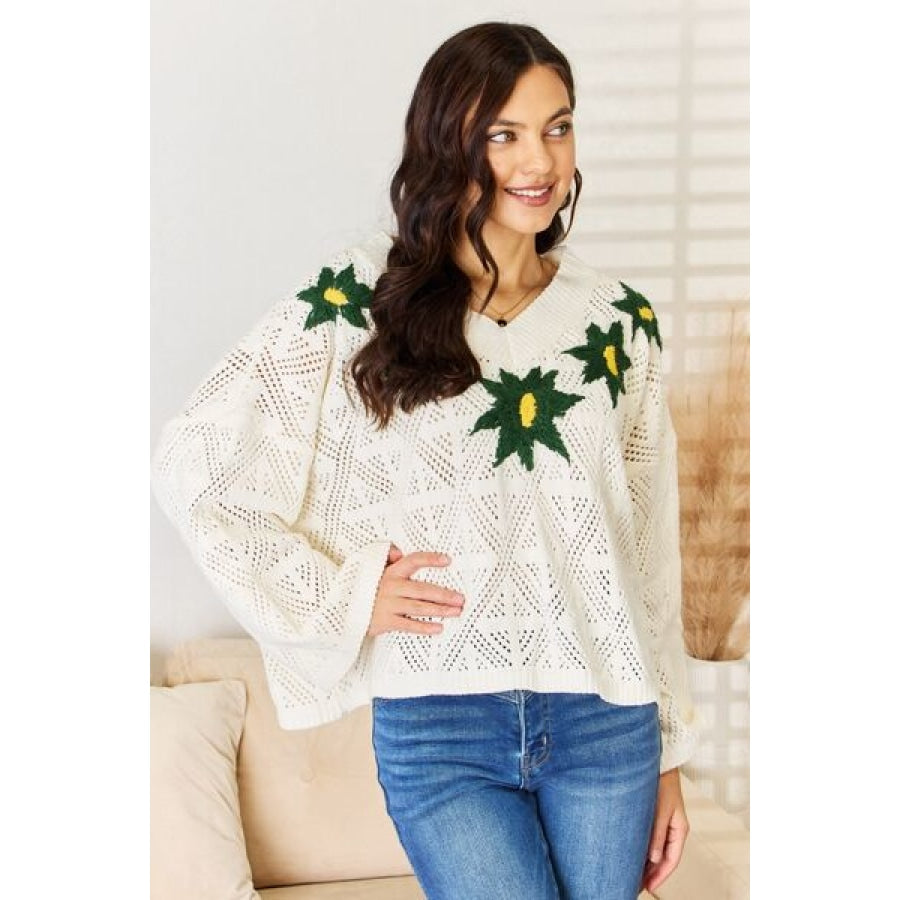 POL Floral Embroidered Pattern V-Neck Sweater Apparel and Accessories