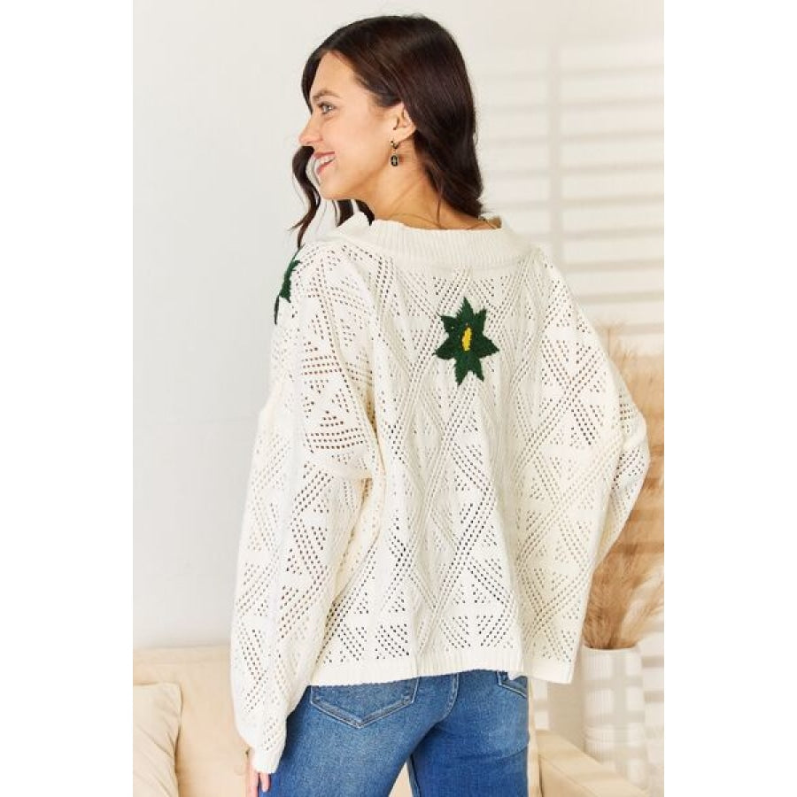 POL Floral Embroidered Pattern V-Neck Sweater Cream / S Apparel and Accessories