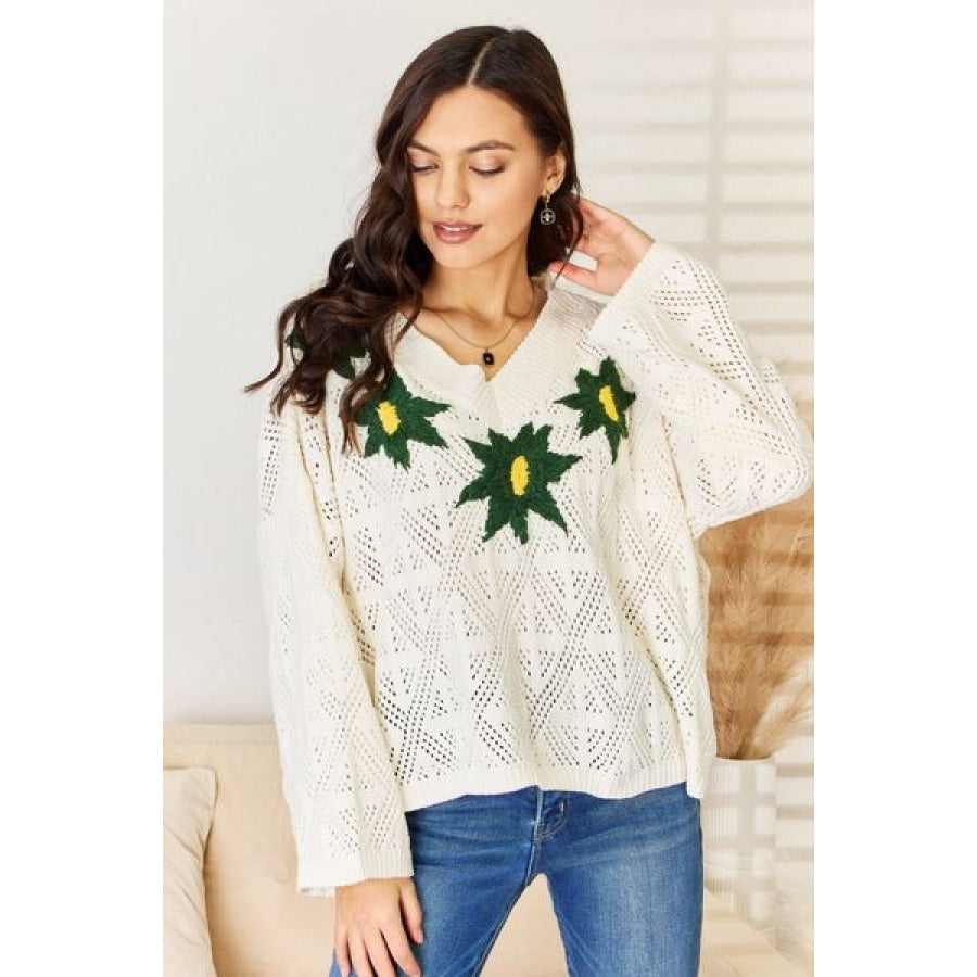 POL Floral Embroidered Pattern V-Neck Sweater Cream / S Apparel and Accessories