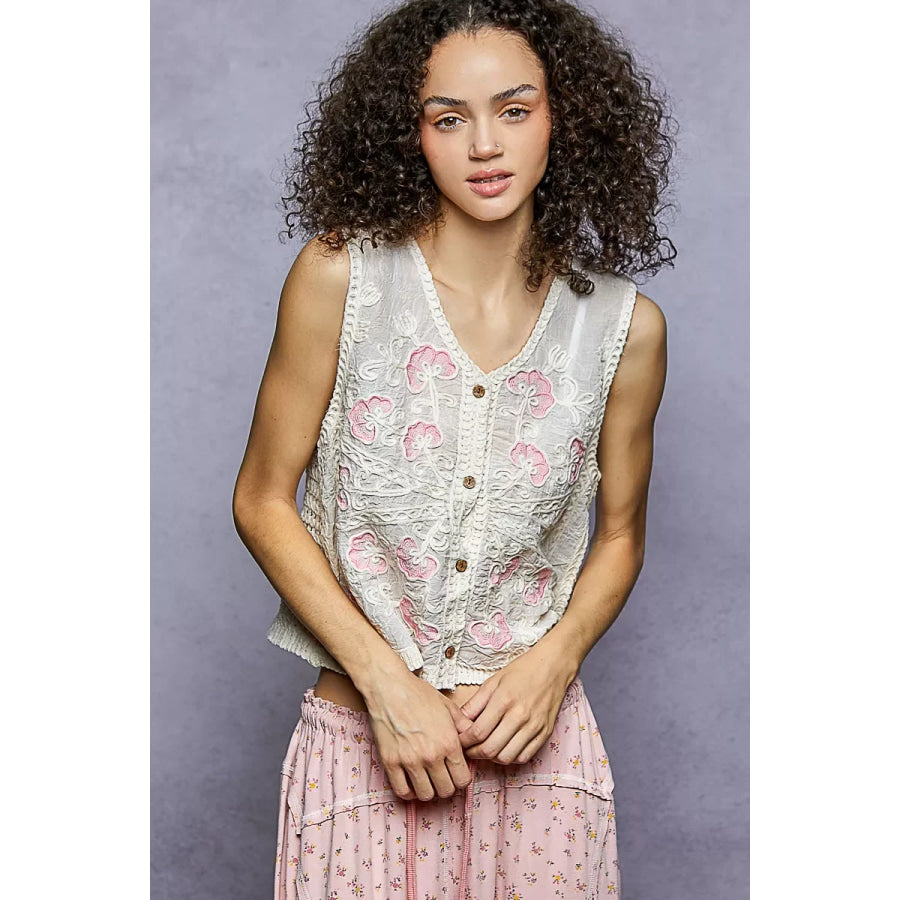 POL Floral Embroidered V-Neck Vest NATURAL/PINK / One Size Apparel and Accessories