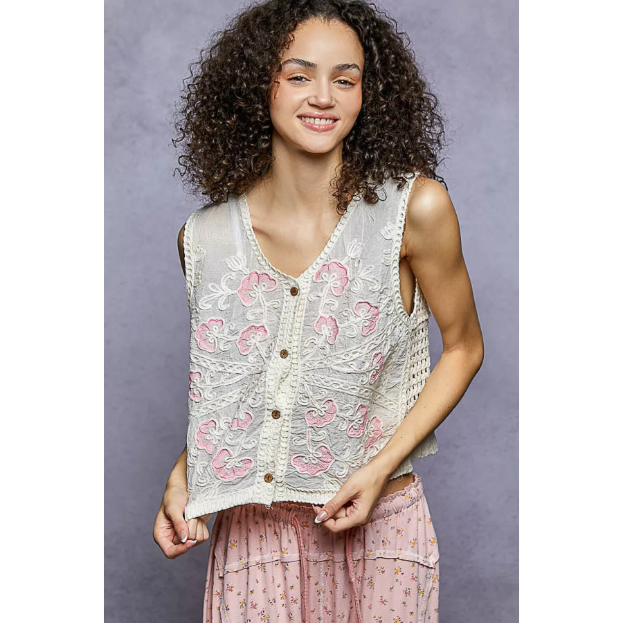 POL Floral Embroidered V-Neck Vest NATURAL/PINK / One Size Apparel and Accessories