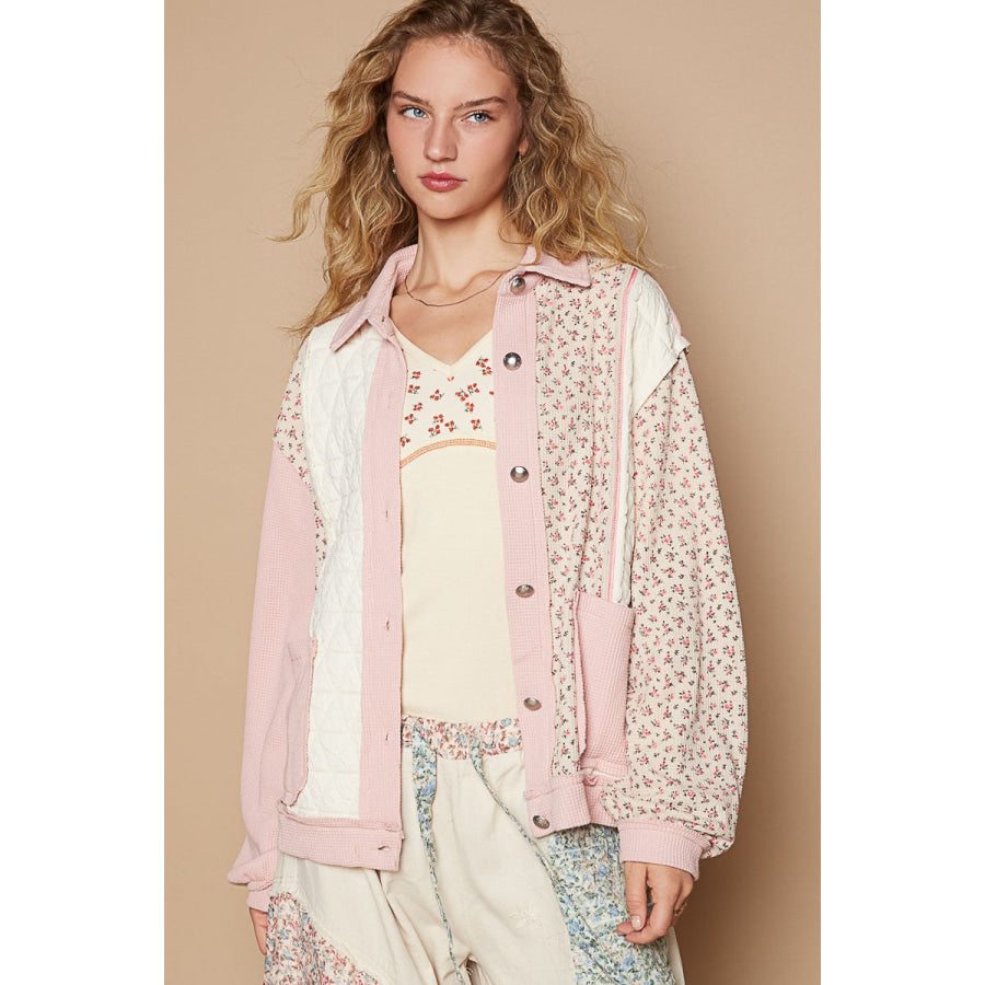 POL Floral Exposed Seam Button Up Quilted Jacket Apparel and Accessories