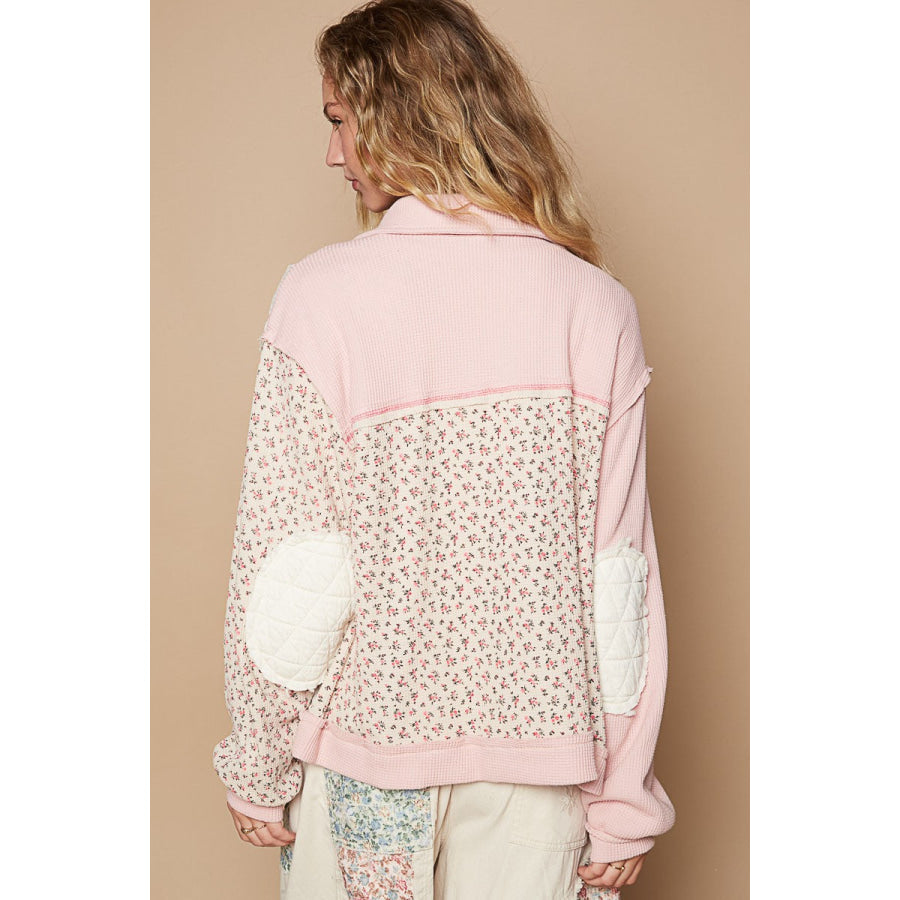 POL Floral Exposed Seam Button Up Quilted Jacket Apparel and Accessories