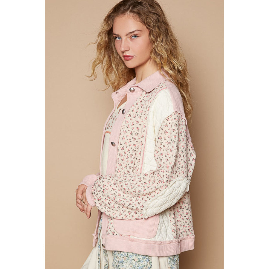 POL Floral Exposed Seam Button Up Quilted Jacket Apparel and Accessories