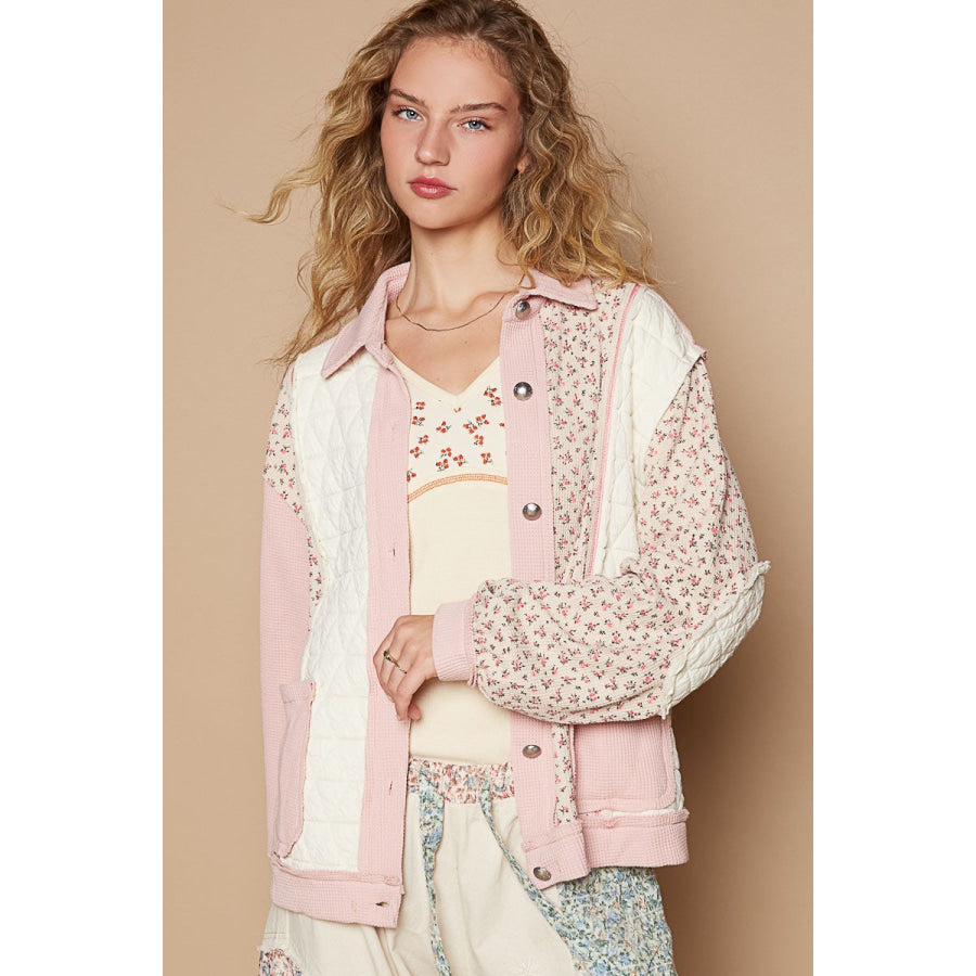 POL Floral Exposed Seam Button Up Quilted Jacket Pink Multi / S Apparel and Accessories