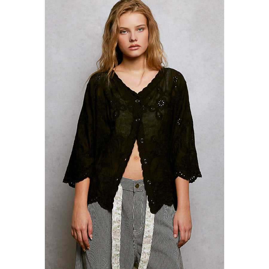 POL Floral Eyelet V-Neck Salloped Shirt BLACK / One Size Apparel and Accessories