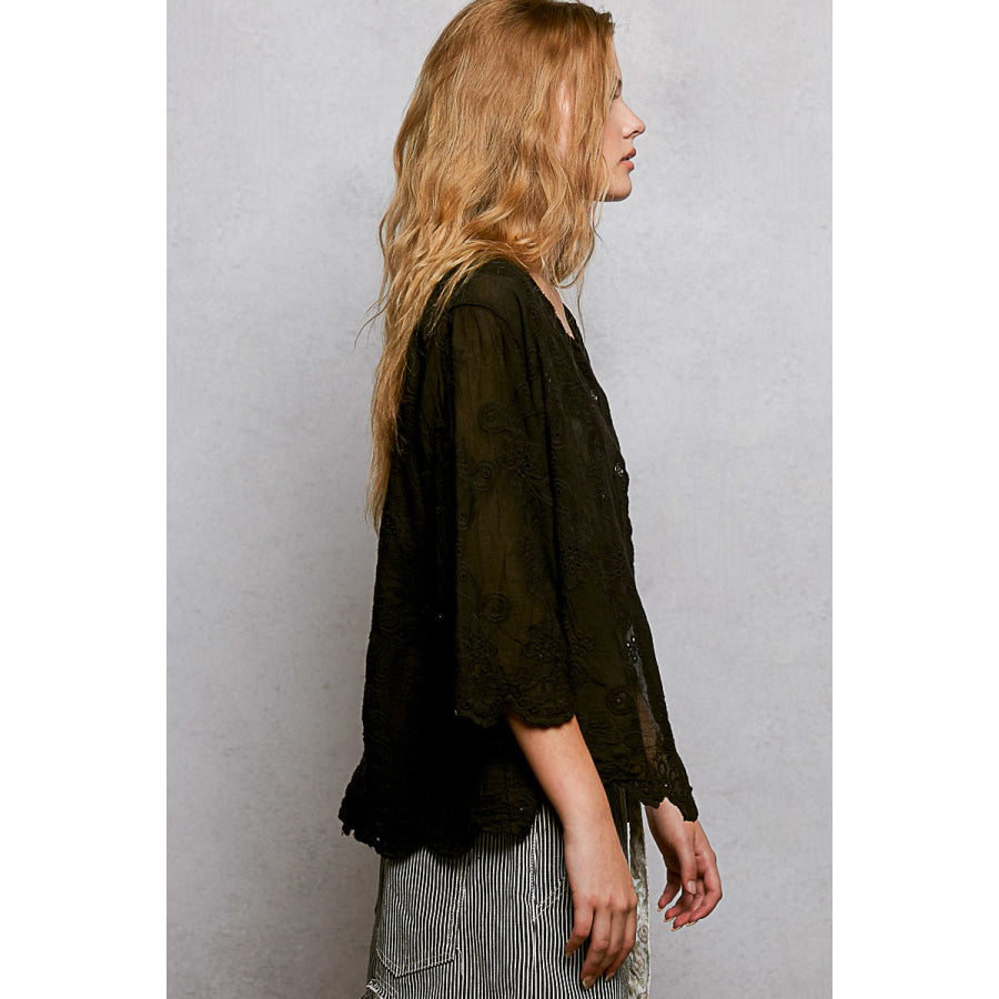 POL Floral Eyelet V-Neck Salloped Shirt BLACK / One Size Apparel and Accessories