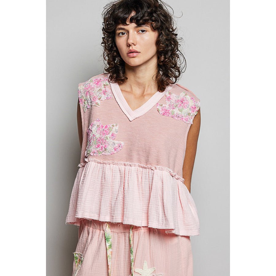 POL Floral Patch Ruffled Sleeveless Top with Raw Edge Detail POWDER PINK / S Apparel and Accessories