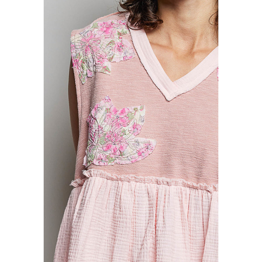 POL Floral Patch Ruffled Sleeveless Top with Raw Edge Detail Apparel and Accessories