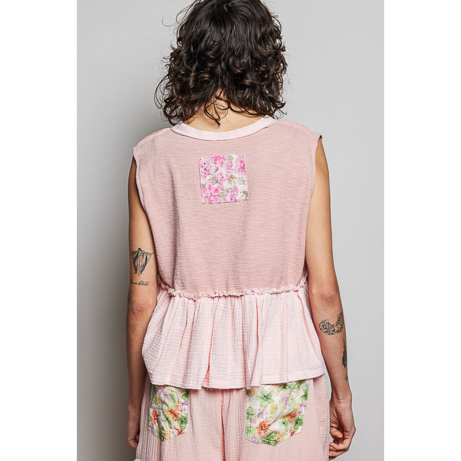 POL Floral Patch Ruffled Sleeveless Top with Raw Edge Detail Apparel and Accessories