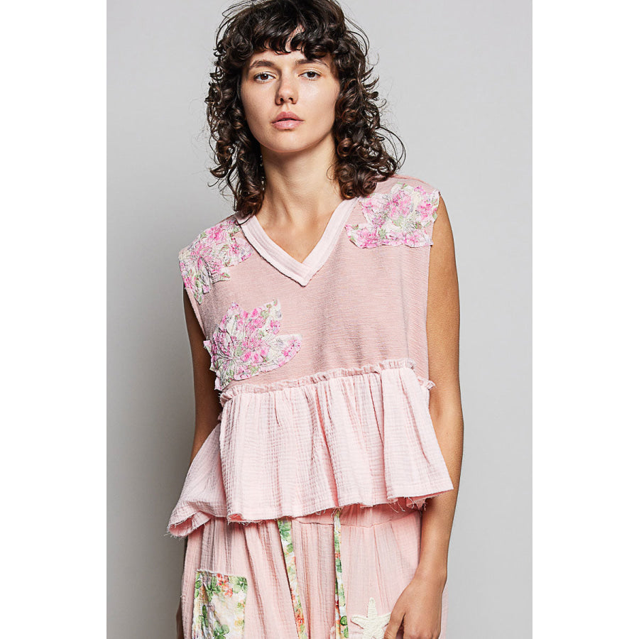 POL Floral Patch Ruffled Sleeveless Top with Raw Edge Detail POWDER PINK / S Apparel and Accessories