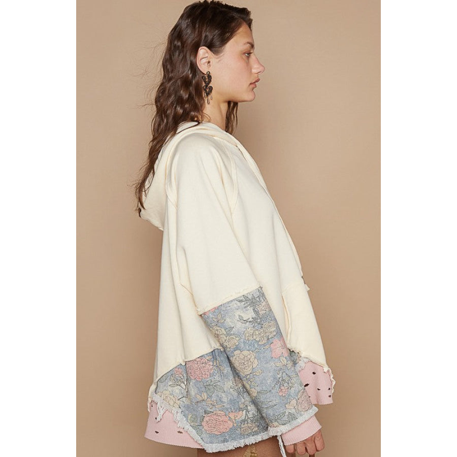 POL Floral Patchwork Distressed Drawstring Hoodie Apparel and Accessories