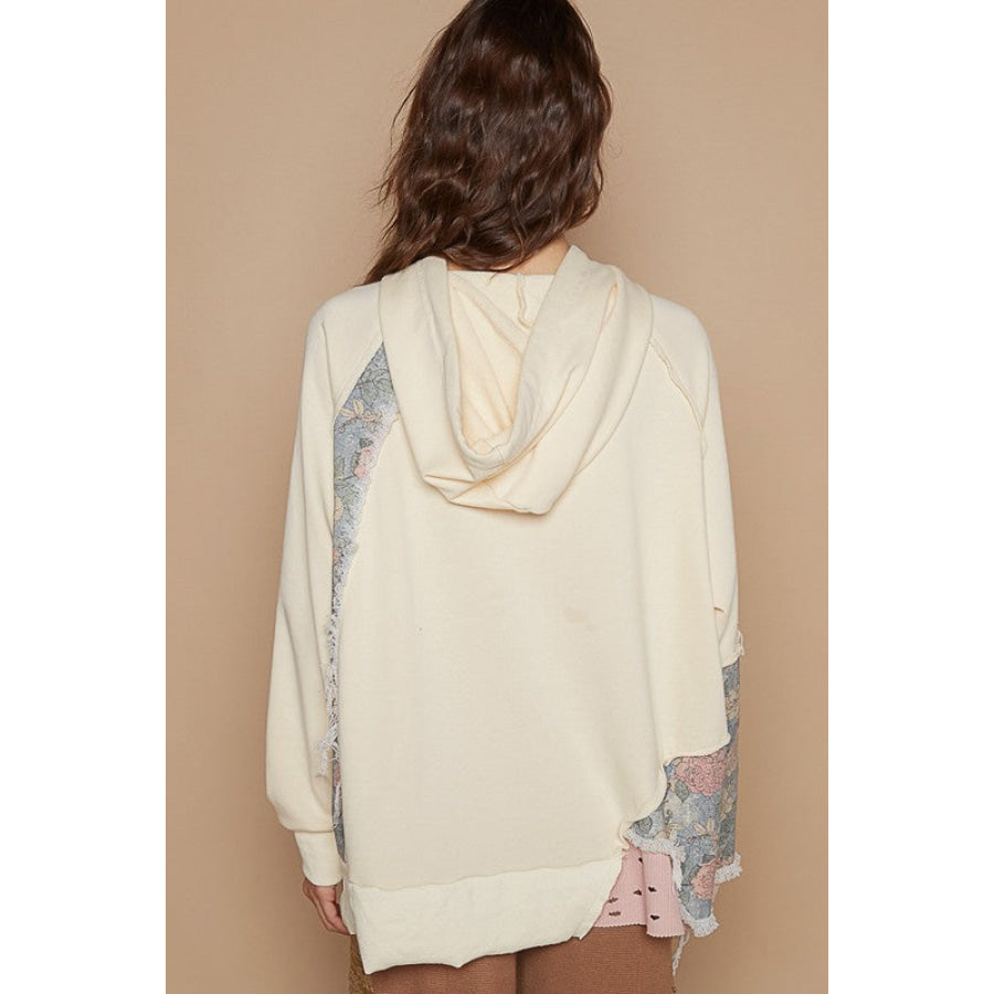 POL Floral Patchwork Distressed Drawstring Hoodie Cream / S Apparel and Accessories