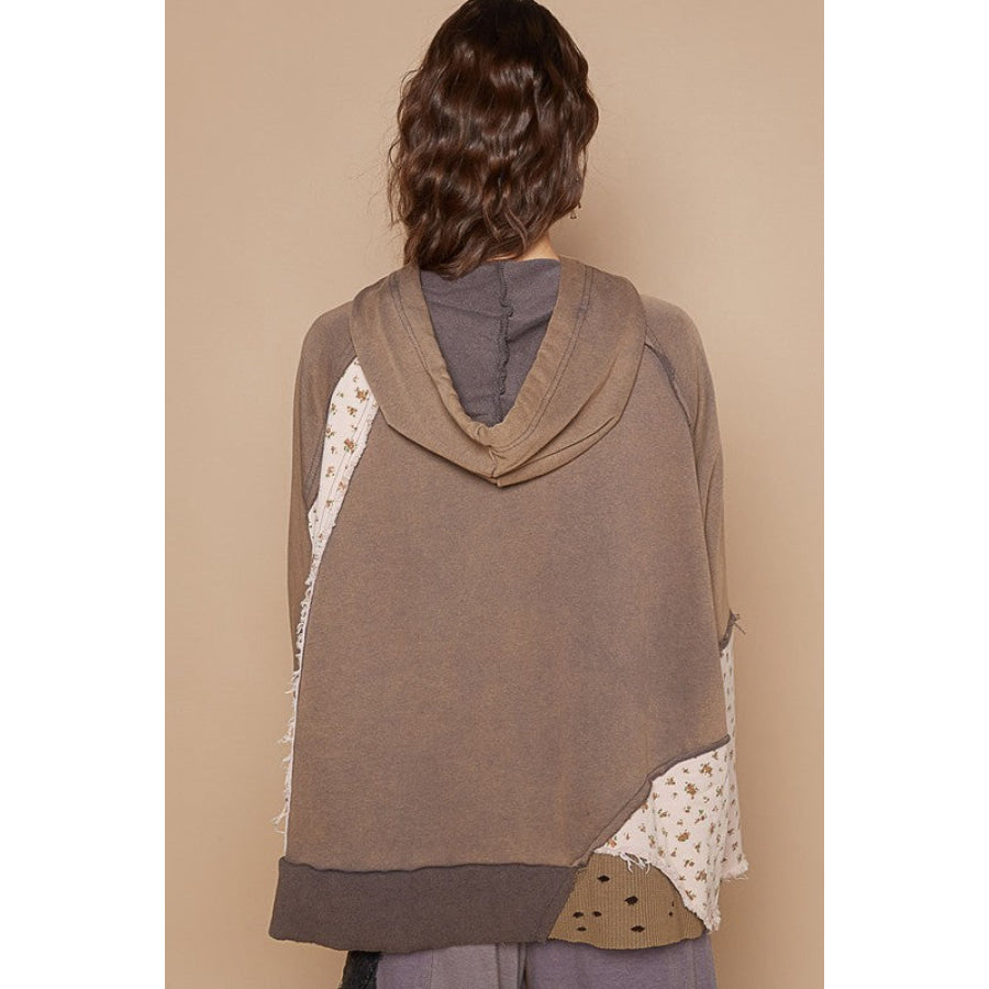 POL Floral Patchwork Distressed Drawstring Hoodie Mocha / S Apparel and Accessories