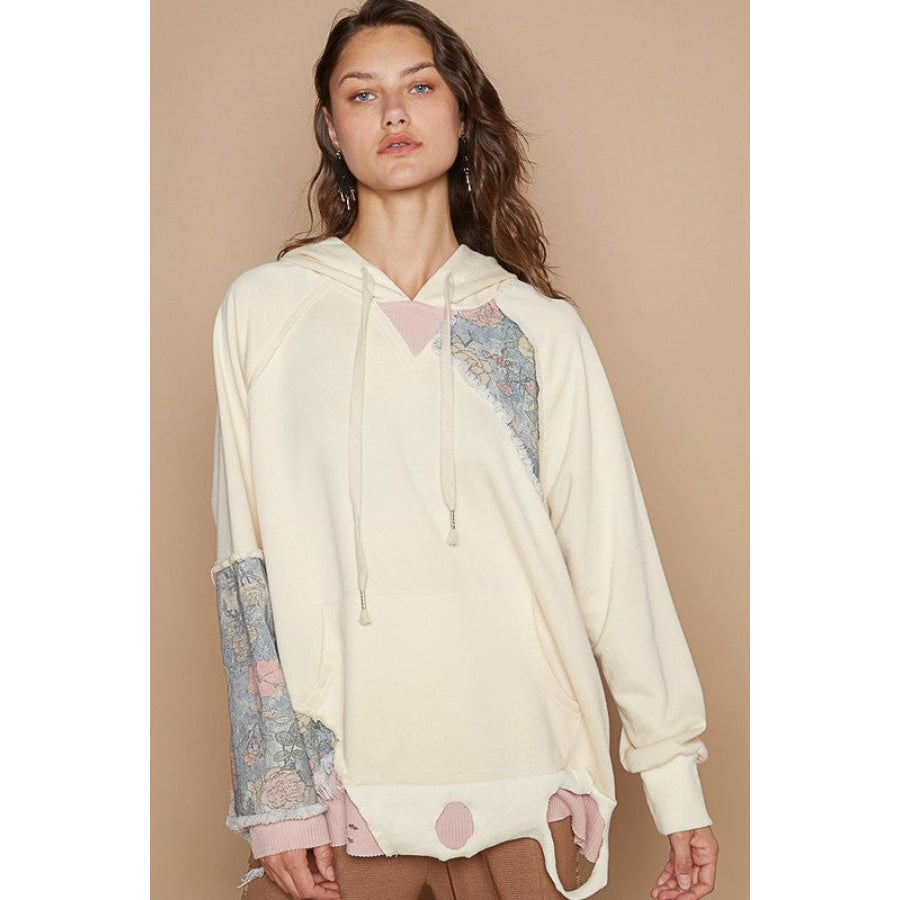 POL Floral Patchwork Distressed Drawstring Hoodie Cream / S Apparel and Accessories