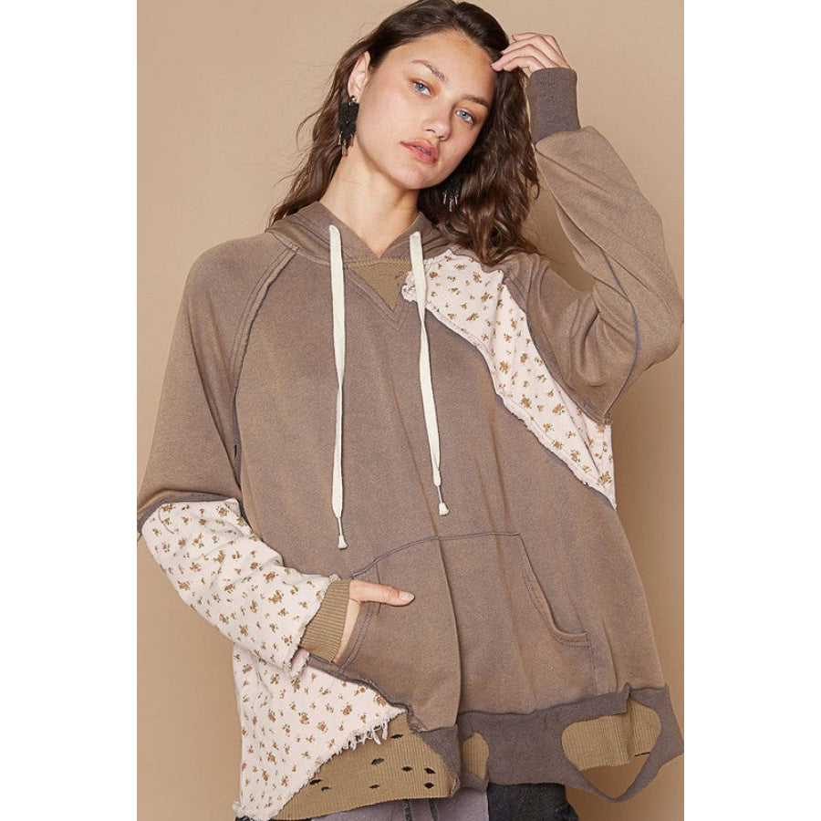 POL Floral Patchwork Distressed Drawstring Hoodie Mocha / S Apparel and Accessories