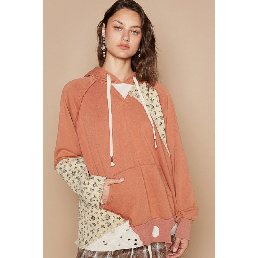 POL Floral Patchwork Distressed Drawstring Hoodie Ochre / S Apparel and Accessories