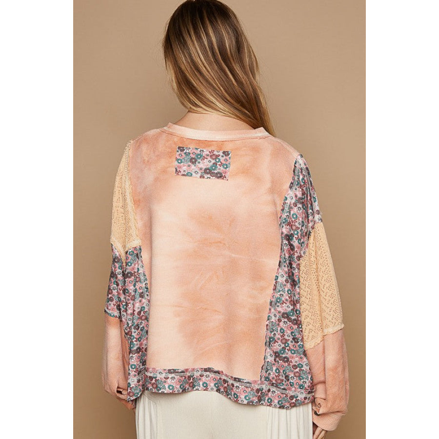 POL Floral Patchwork Round Neck Knit Top Apparel and Accessories