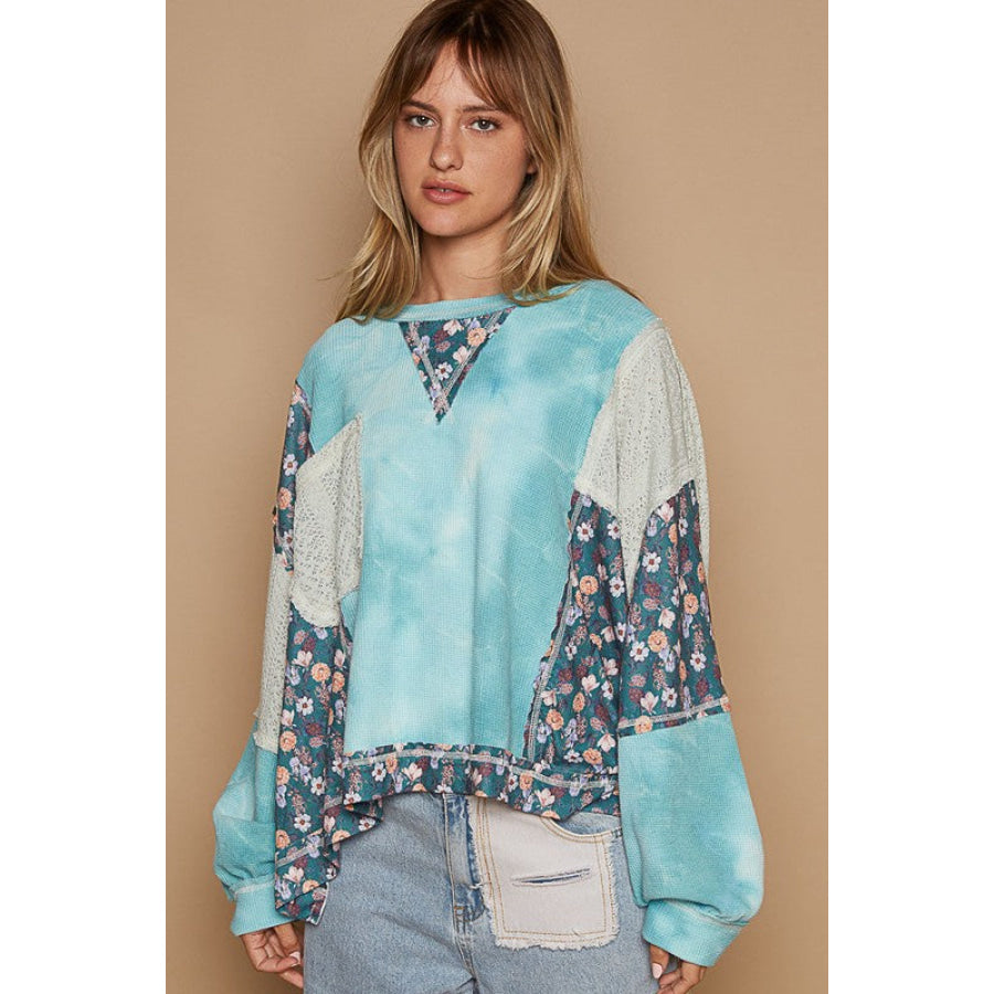 POL Floral Patchwork Round Neck Knit Top Apparel and Accessories